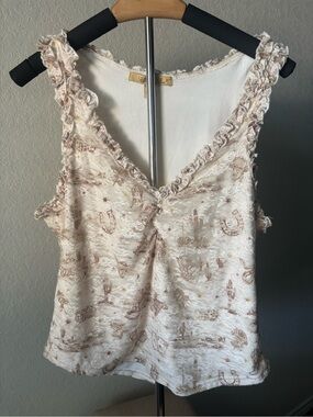 Shyanne Cream Western Conversation Print Lace Ruffle Tank Sleeveless Women’s L